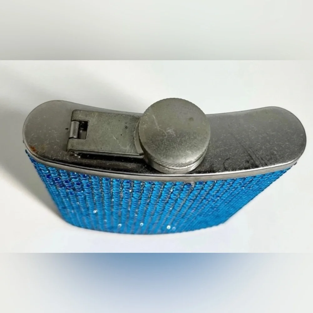 VINTAGE STAINLESS STEEL PERSONAL RHINESTONES FLASK (6 OZ) - BLUE BLING BLING